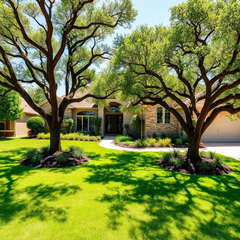 Beautifully pruned oak trees in a manicured front yard