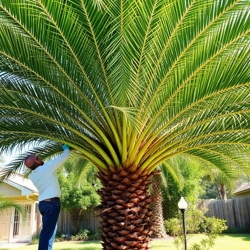 Professional trimming a large palm tree